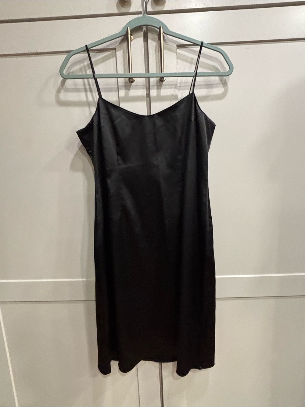 Rickie Freeman for Teri Jon black satin slip dress, size 4